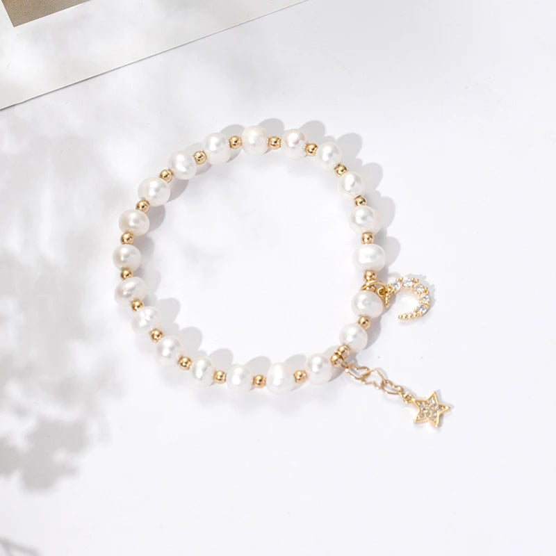 925 Silver Bracelet with Freshwater Pearl Zircon Moon Star