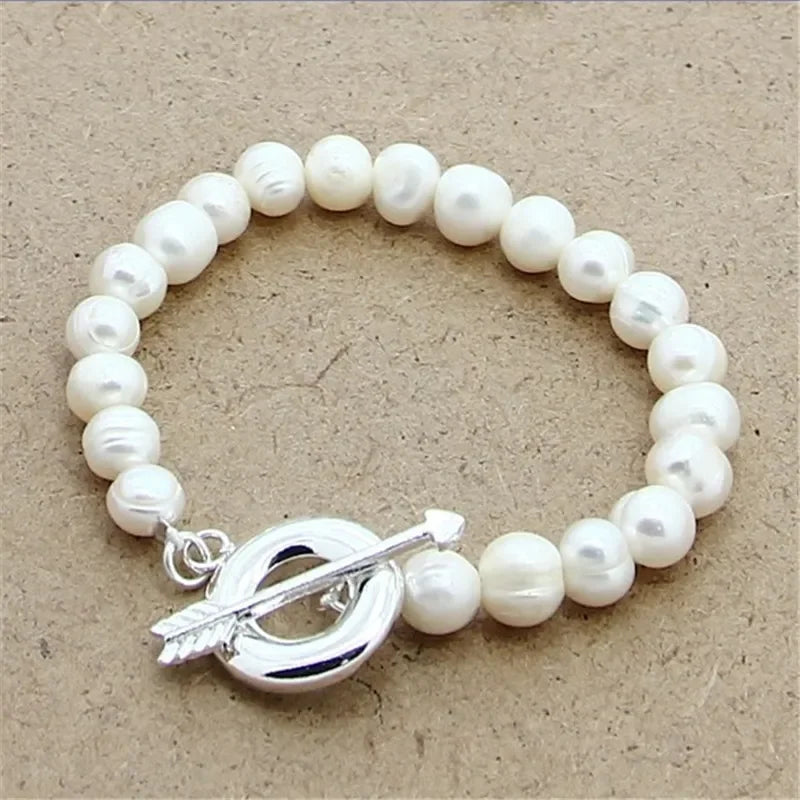 925 Silver 8-9mm Natural Pearl Bracelet Christmas Gift