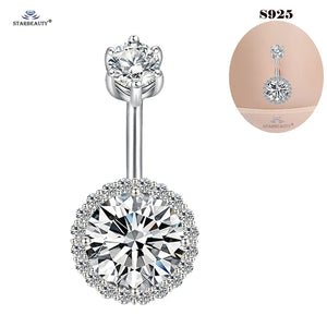 925 Silver Belly Ring Round Crystal Piercing 14G