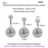 925 Silver Belly Ring Round Crystal Piercing 14G