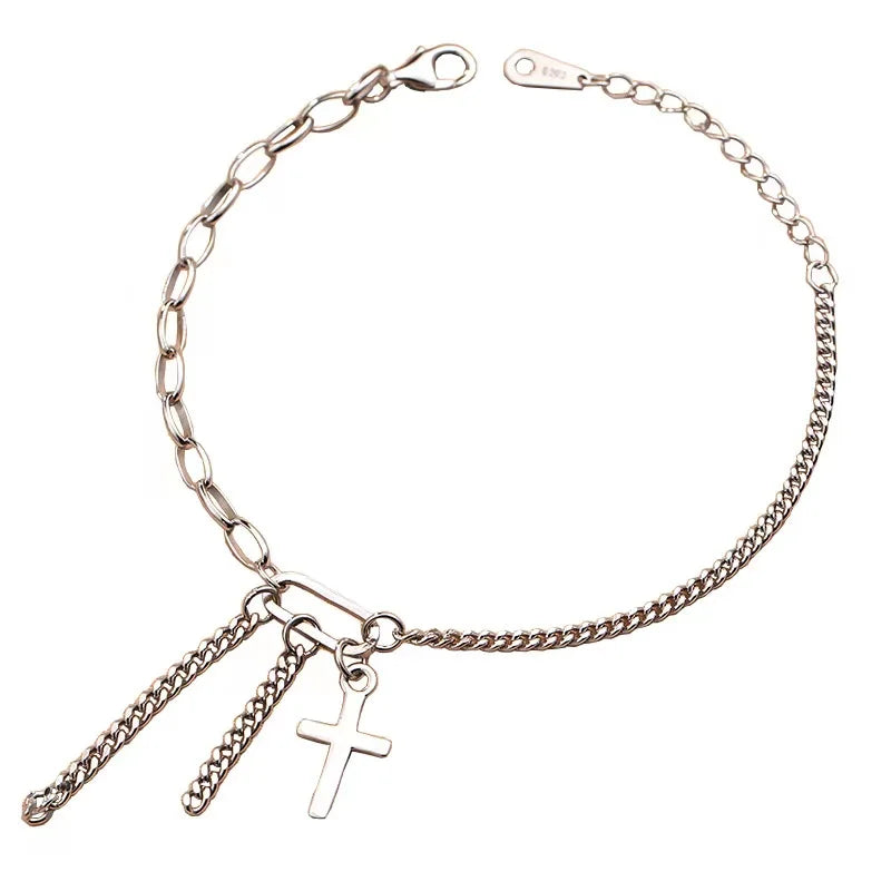 925 Silver Cross Chain Bracelet for Women Plated Charm Bangles