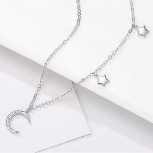 925 Silver Diamond Star Moon Zircon Pendant Necklace NK051