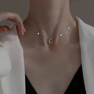 925 Silver Diamond Star Moon Zircon Pendant Necklace NK051