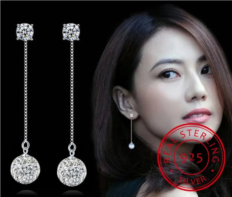 925 Silver Drop Earrings Bride Wedding Jewelry Crystal Ball Long Earring