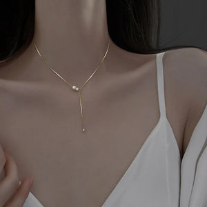 925 Silver Bead Flashing pearl Double Ring Pendant Necklace Women Clavicle Chain