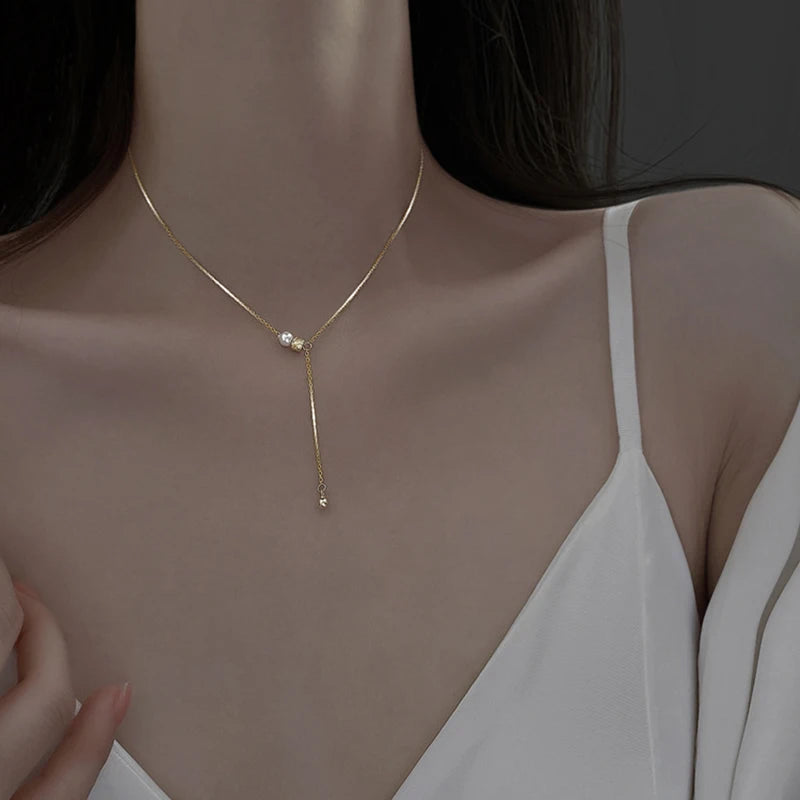 925 Silver Bead Flashing pearl Double Ring Pendant Necklace Women Clavicle Chain