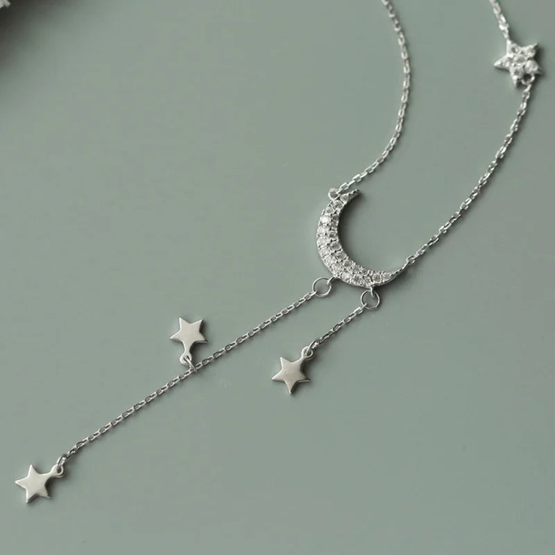 925 Silver Zircon Moon Star Necklace for Girl Choker Collares
