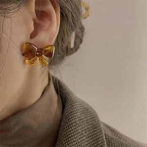 Amber Resin Bowknot Earrings Silver 925 Studs Female Piercing Lady Gift