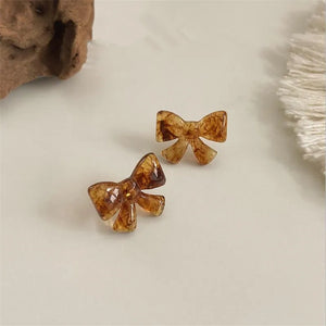 Amber Resin Bowknot Earrings Silver 925 Studs Female Piercing Lady Gift