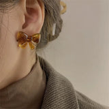 Amber Resin Bowknot Earrings Silver 925 Studs Female Piercing Lady Gift