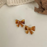 Amber Resin Bowknot Earrings Silver 925 Studs Female Piercing Lady Gift