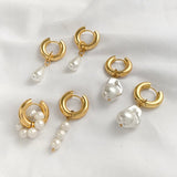Natural Pearls Dangle Earrings Stainless Steel Circle Huggie Punk Jewelry