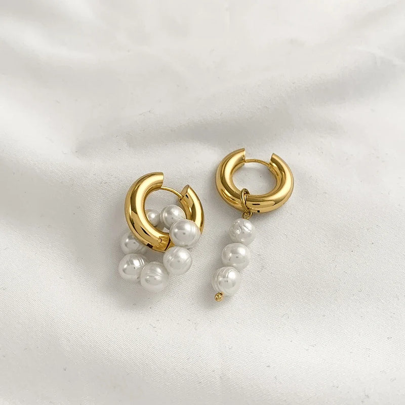 Natural Pearls Dangle Earrings Stainless Steel Huggie Hoops