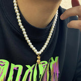 Bear Pendant Pearl Necklace Men Strand Bead Jewelry Gift