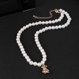 Bear Pendant Pearl Necklace Men Strand Bead Jewelry Gift