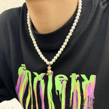 Bear Pendant Pearl Necklace Men Strand Bead Jewelry Gift