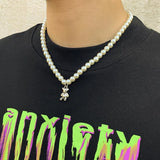 Bear Pendant Pearl Necklace Men Strand Bead Jewelry Gift