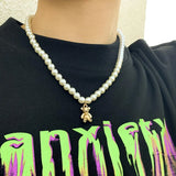 Bear Pendant Pearl Necklace Men Strand Bead Jewelry Gift