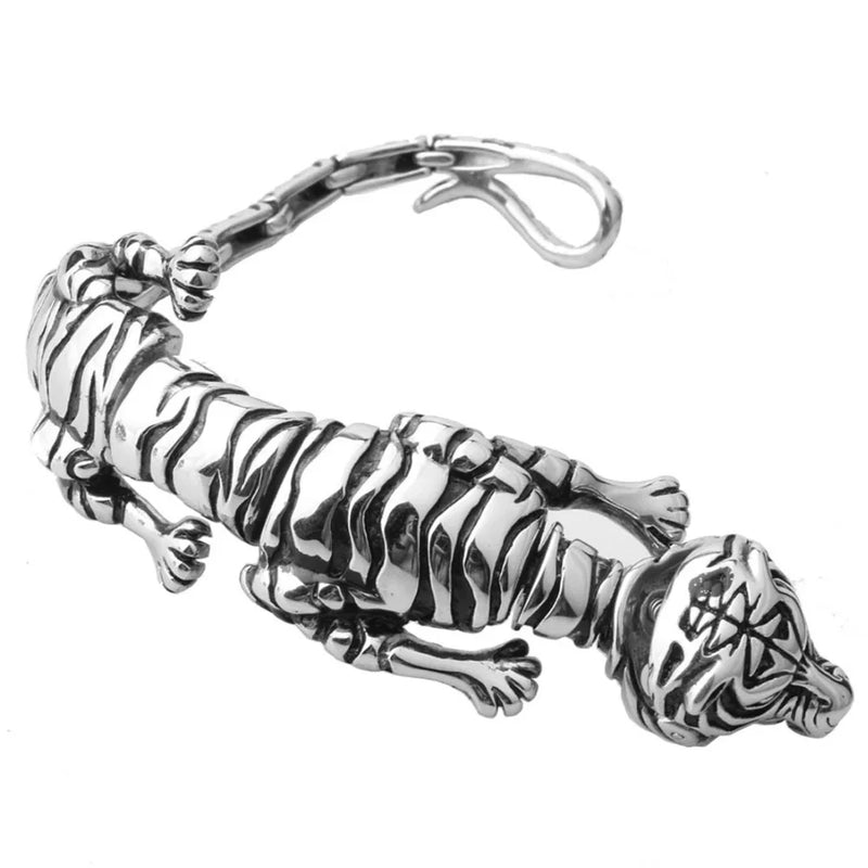 Biker Stainless Steel 3D Tiger Skeleton Cuff Bracelet Punk Animal