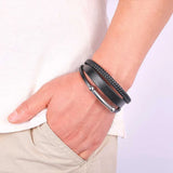 Multilayer Woven Wrap Bracelet Stainless Steel Bangle for Men