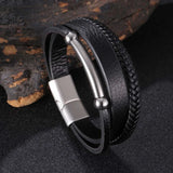 Multilayer Woven Wrap Bracelet Stainless Steel Bangle for Men
