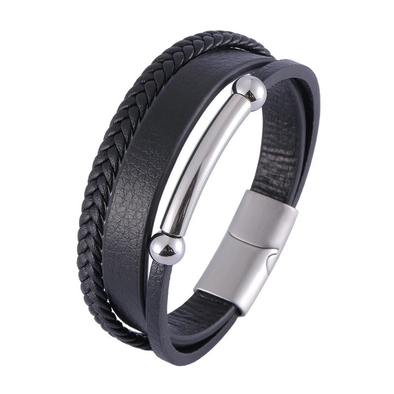 Multilayer Woven Wrap Bracelet Stainless Steel Bangle for Men