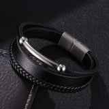 Multilayer Woven Wrap Bracelet Stainless Steel Bangle for Men