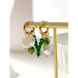 Boho Green Stone Beaded Heart Pearl Shell Earrings
