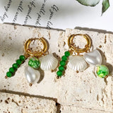 Boho Green Stone Beaded Heart Pearl Shell Earrings