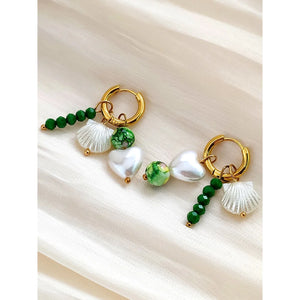Boho Green Stone Beaded Heart Pearl Shell Earrings