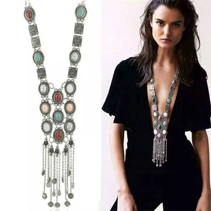 Boho Maxi Stone Pendant Necklace Ethnic Vintage ZA Jewelry