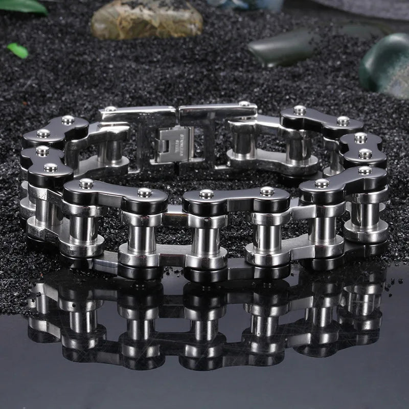 316L Stainless Steel Bicycle Link Chain Bracelet Silver&Black
