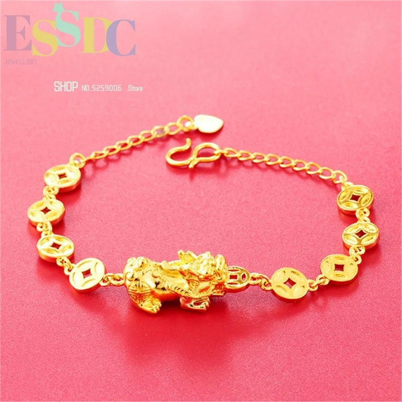 Copper 24K Plated Sand Coin Pixiu Chain Bracelet