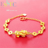 Copper 24K Plated Sand Coin Pixiu Chain Bracelet