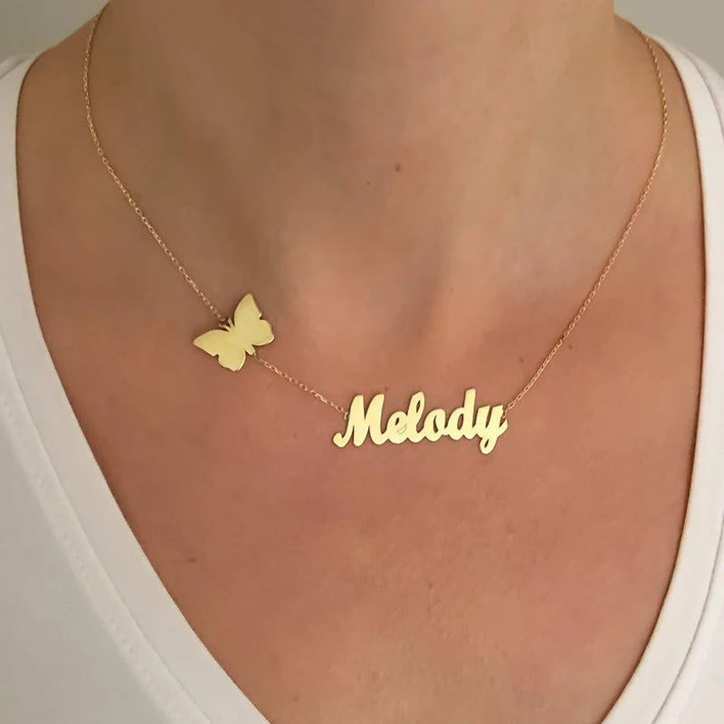 Butterfly Name Necklaces Women Heart Crown Choker Stainless Steel Bijoux