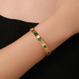 Green CZ Stainless Steel Bangle Bracelet for Women Charm Texture Open Bangle