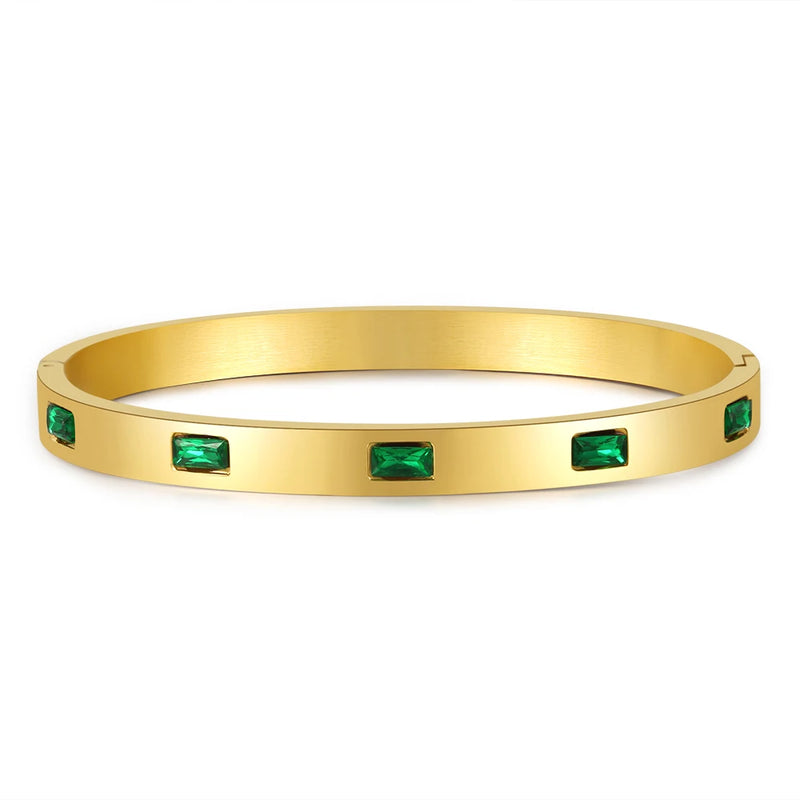 Green CZ Stainless Steel Bangle Bracelet for Women Charm Texture Open Bangle