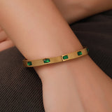 Green CZ Stainless Steel Bangle Bracelet for Women Charm Texture Open Bangle