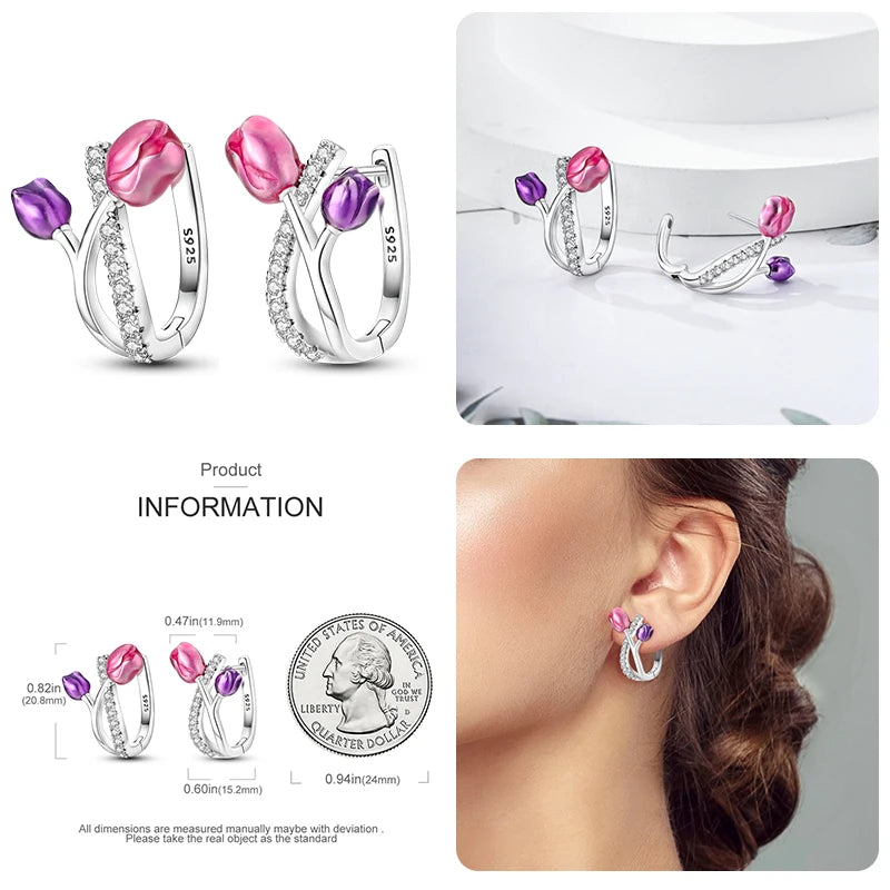 Colored Tulip Earrings 925 Sterling Silver Butterfly Double Hoop Earrings