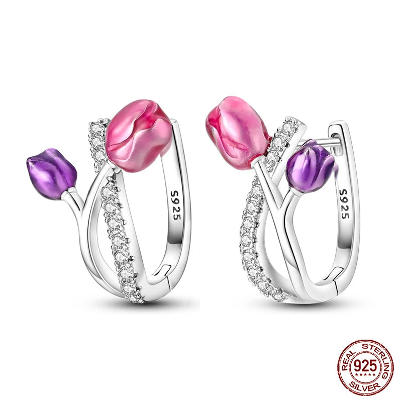 Colored Tulip Earrings 925 Sterling Silver Butterfly Double Hoop Earrings