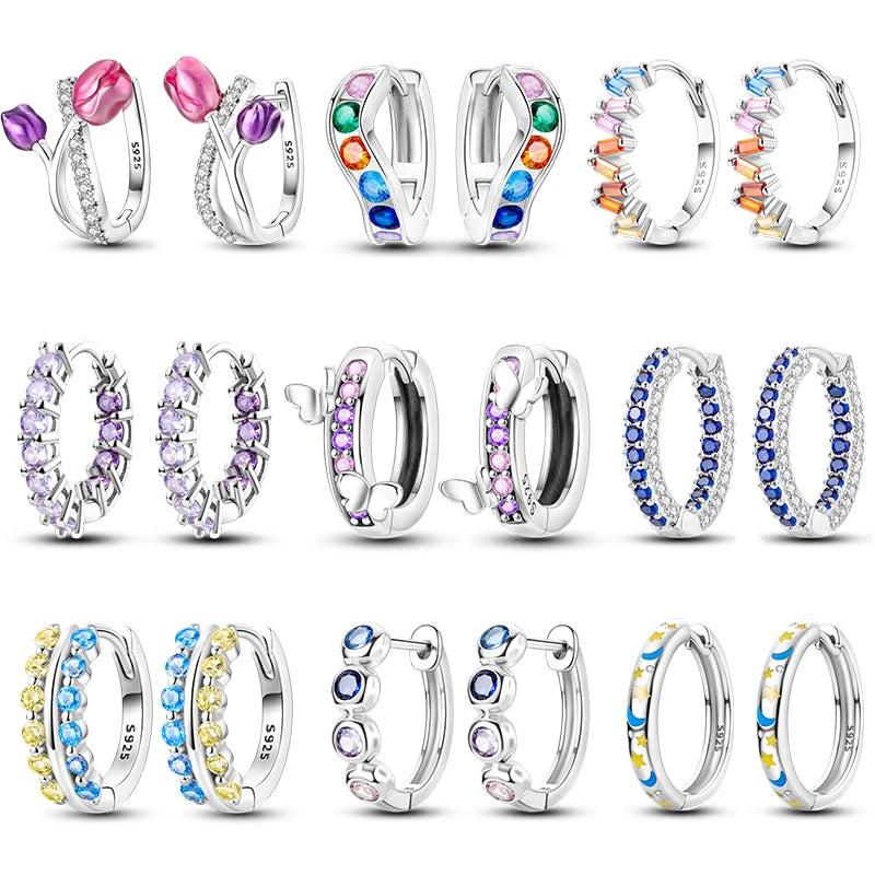 Colored Tulip Earrings 925 Sterling Silver Butterfly Double Hoop Earrings