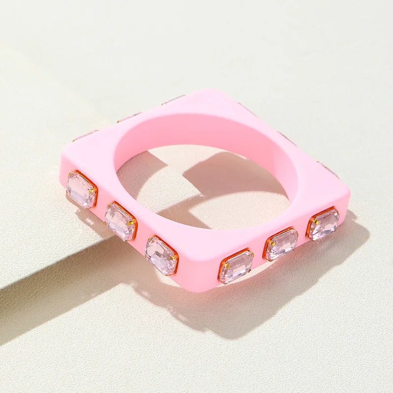 Colorful Crystal Charms Bangle Geometric Square Wide Cuff Bracelet