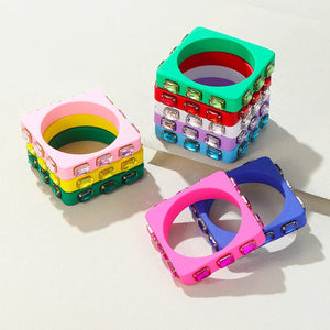 Colorful Crystal Charms Bangle Geometric Square Wide Cuff Bracelet