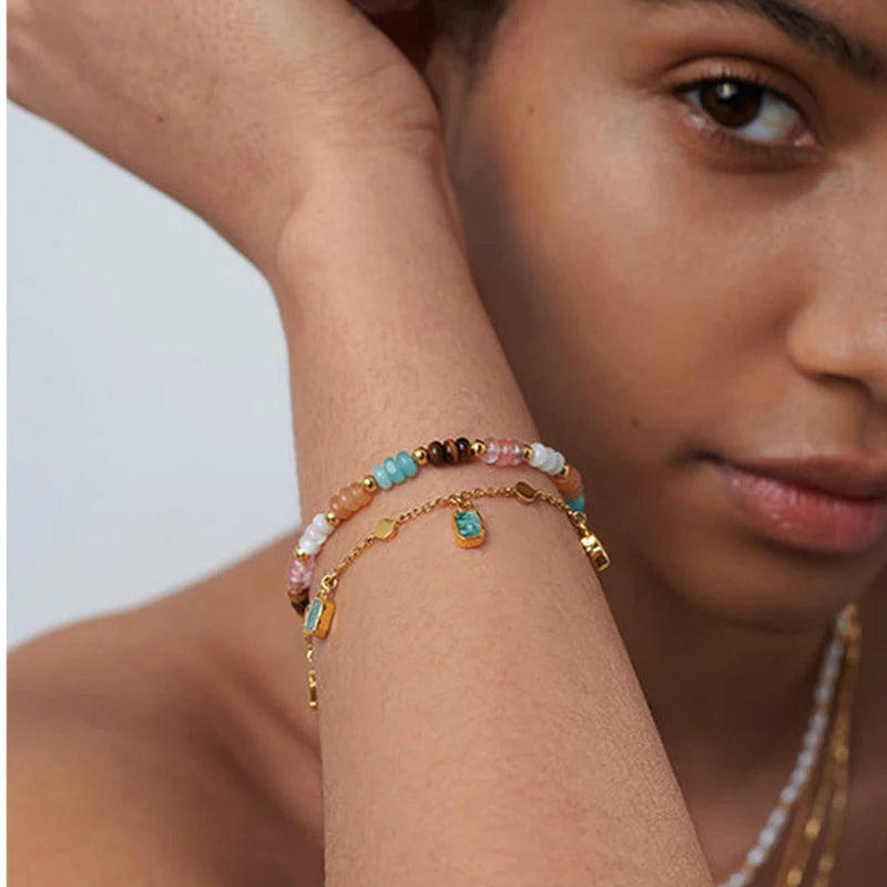Colorful Rainbow Stone Beads Bracelet for Women Lucky Charm Fine Jewelry