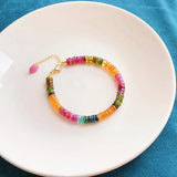 Rainbow Tourmaline Beads Bracelet Natural Stone Gemstone Cuff Jewelry