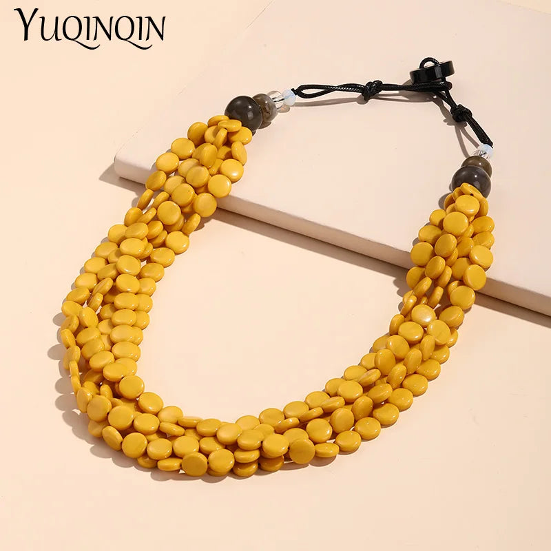Boho Layered Pendant Necklace Resin Beads Vintage Jewelry