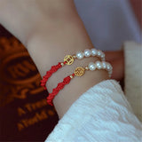 Copper Plated Pearl Bracelet Adjustable Braided Red Rope Mori Jewelry