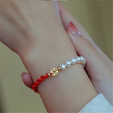Copper Plated Pearl Bracelet Adjustable Braided Red Rope Mori Jewelry