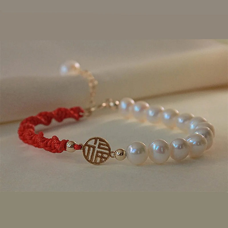Adjustable Red Rope Bracelet with Copper Plated Pearl Accent