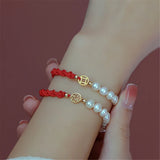 Copper Plated Pearl Bracelet Adjustable Braided Red Rope Mori Jewelry